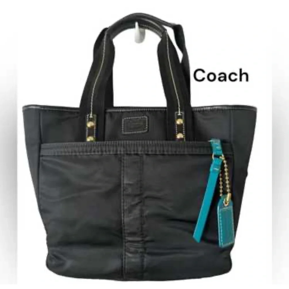 Coach Black Hampton Nylon Tote with Teal Accents - Picture 1 of 16